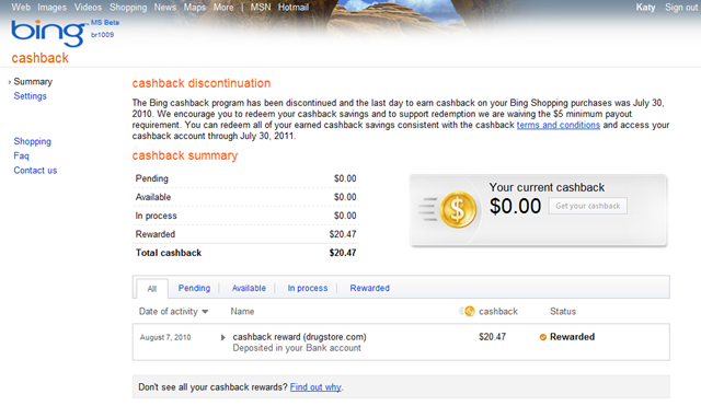 Bing Cashback Account Interface (2010)